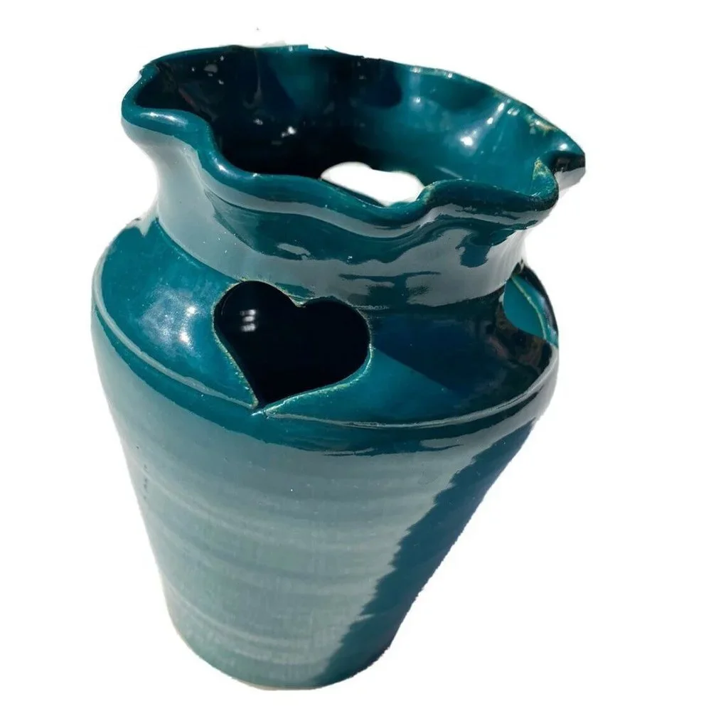 Vintage 90s R&L Studio Pottery Vase Seagrove NC Green Hearts Signed S Richardson